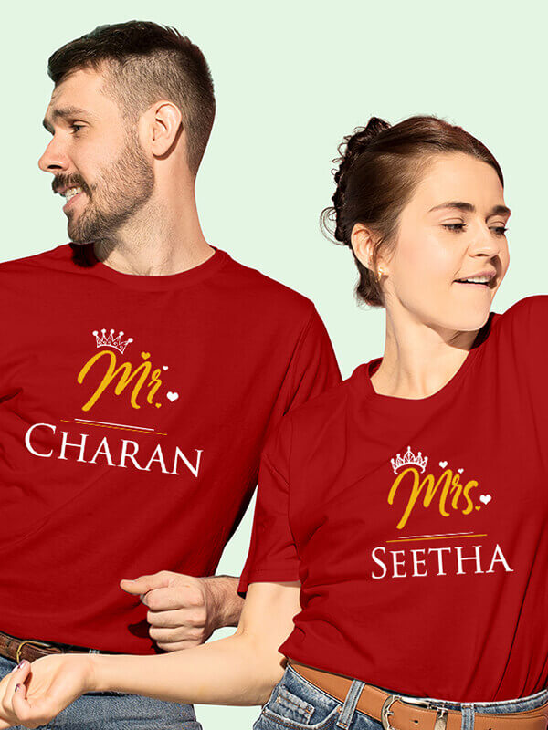 Custom Mr and Mrs with Names On Red Color Personalized Couple Tees