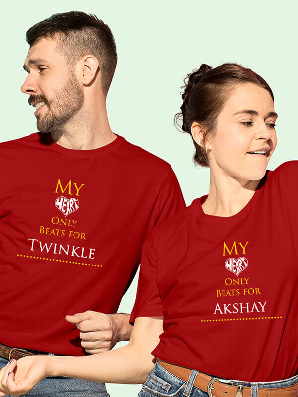 Custom My Heart Beat Theme On Red Color Couple T-shirts For Men & Women