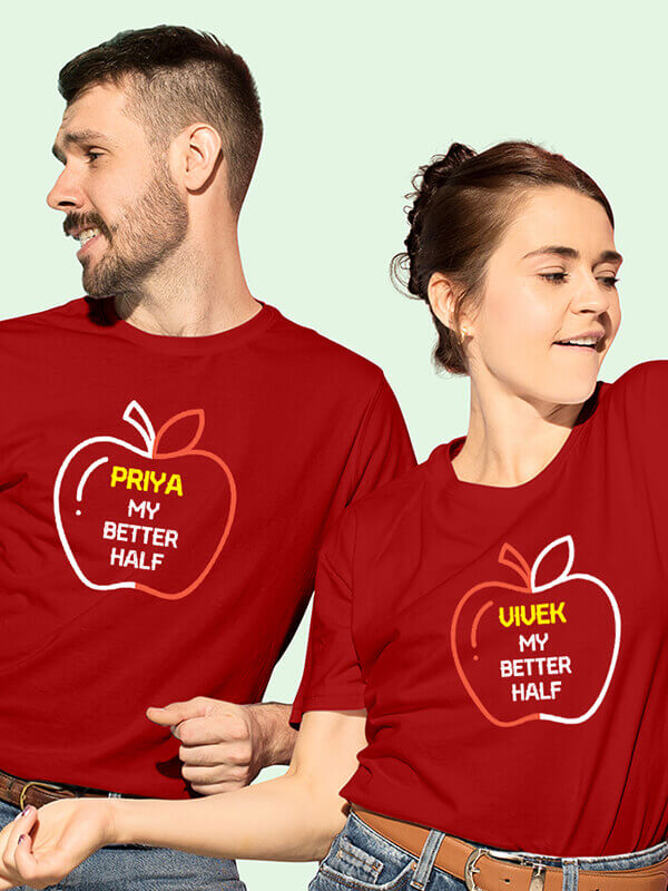 Custom My Better Half On Red Color Customized Couple Tees