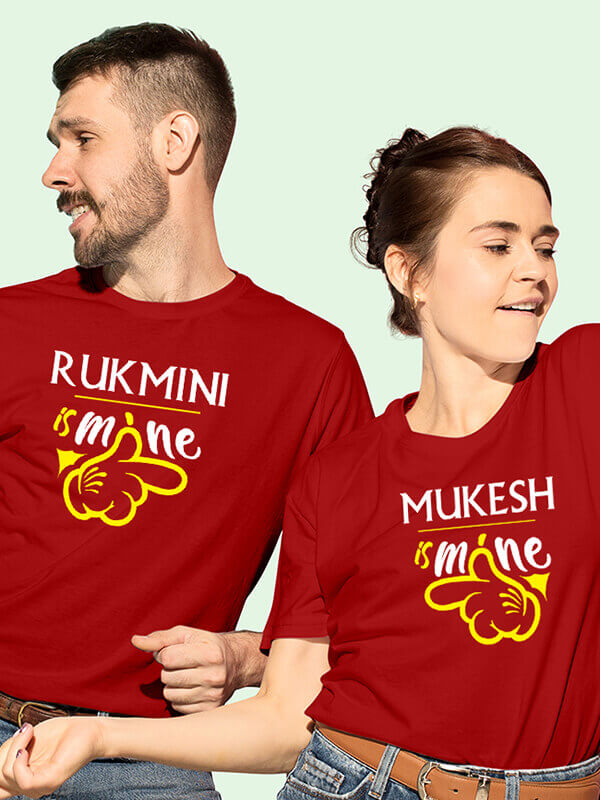 Custom He is Mine and She is Mine On Red Color Customized Couple T-Shirt