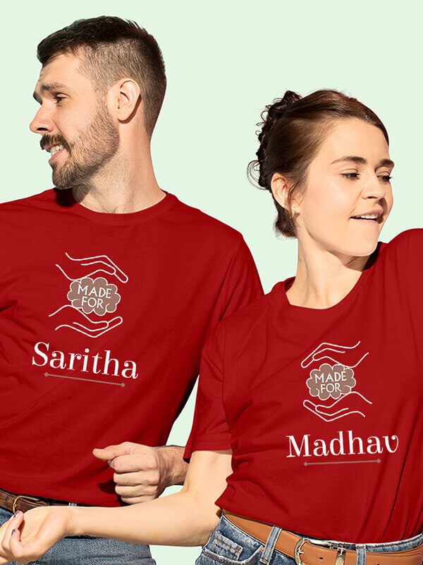 Custom Made for with Names On Red Color Customized Couple Tshirt