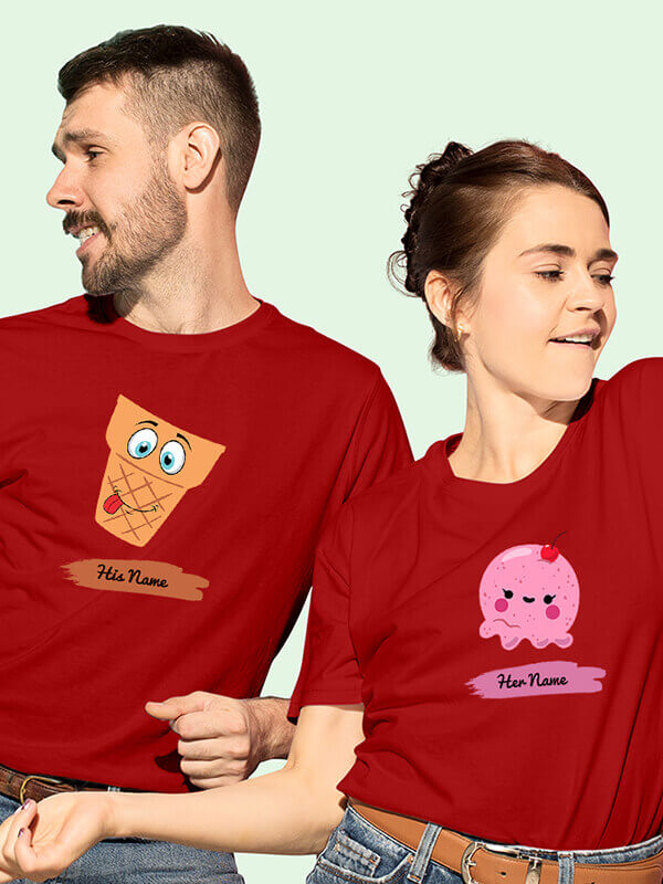 Custom Dessert Theme with Names On Red Color Personalized Couple Tshirt