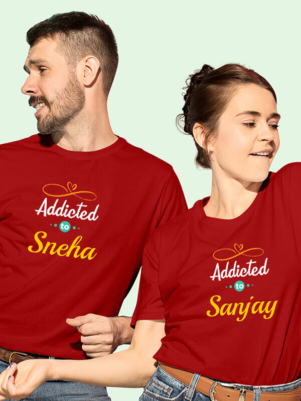 Custom My Love Addicted to with Names On Red Color Customized Couple Tees