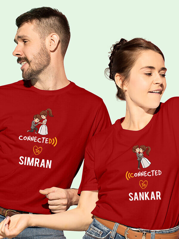 Custom Connected to with Names On Red Color Customized Couple T-Shirt