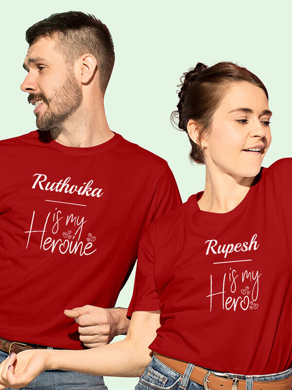 Custom He is My Hero, She is My Heroine with Names On Red Color Couple T-shirts For Men & Women