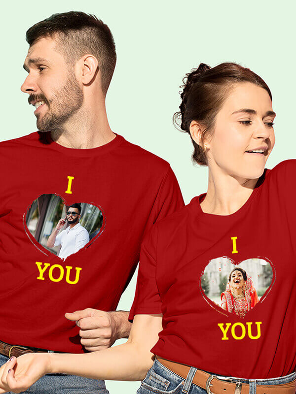 Custom I Love You with Your Image On Red Color Couple T-shirts For Men & Women