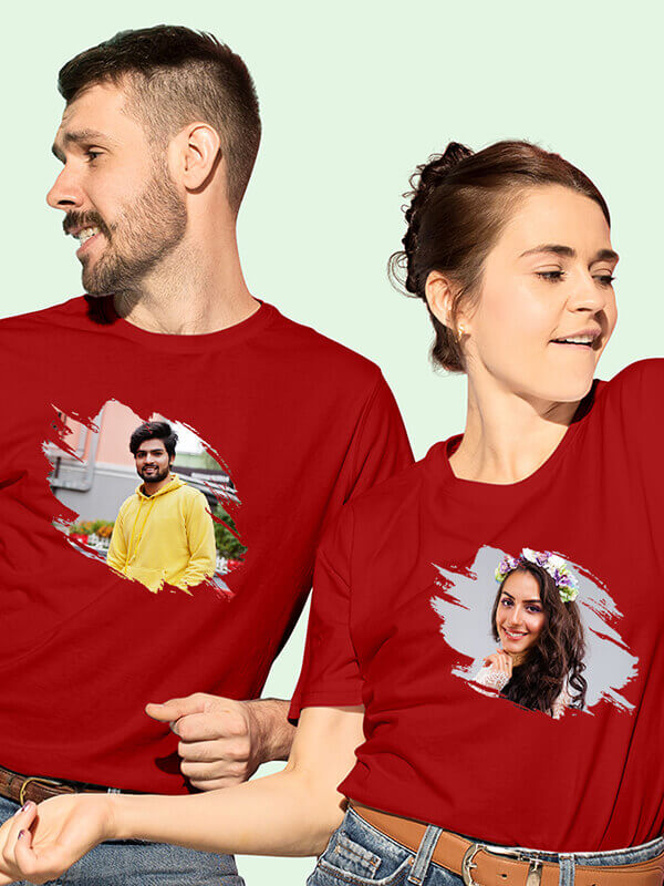 Custom Your Photo On Red Color Customized Couple Tees