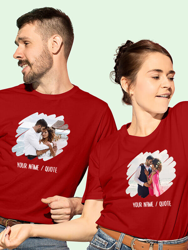 Custom Your Photo with Text On Red Color Customized Couple T-Shirt