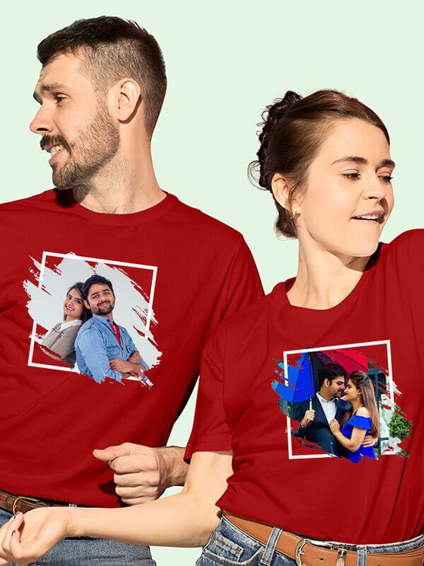 Custom Your Image with Abstract Theme On Red Color Couple T-shirts For Men & Women