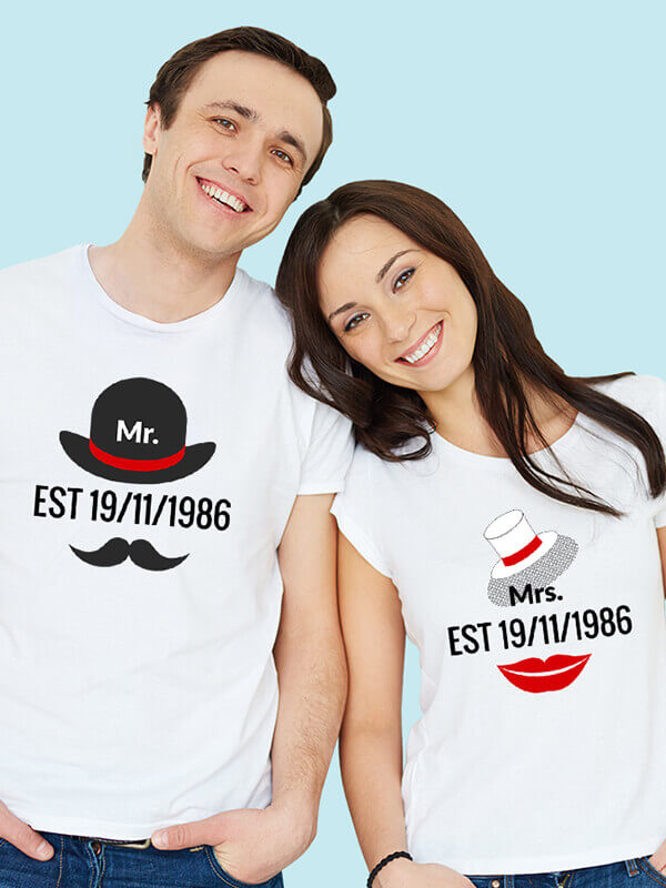 Custom Mr. And Mrs. Couples T Shirt With Date White Color