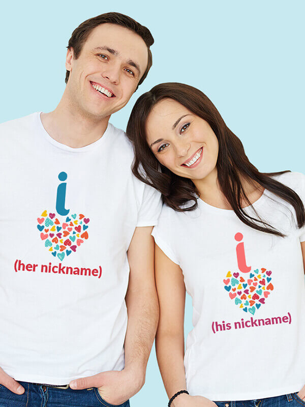 Custom Cute Nickname Multicolor Love Symbols Couples T Shirt White Color