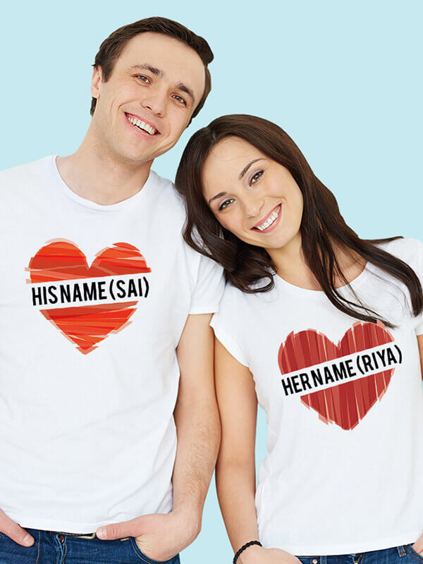Custom His And Her Name Love Shape Couples T Shirt White Color