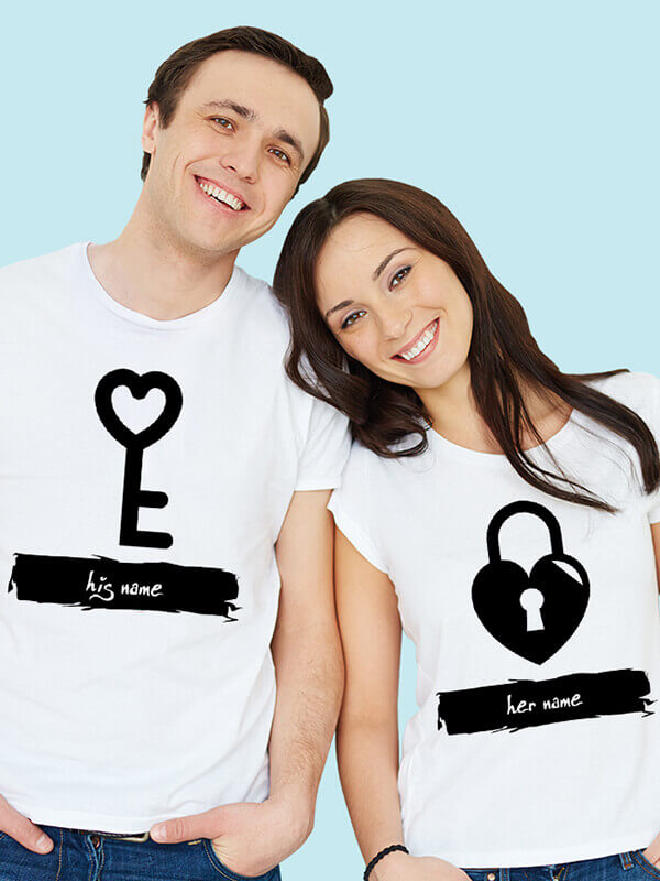 Custom Romantic Heart Lock And Vertical Key Couples T Shirt White Color