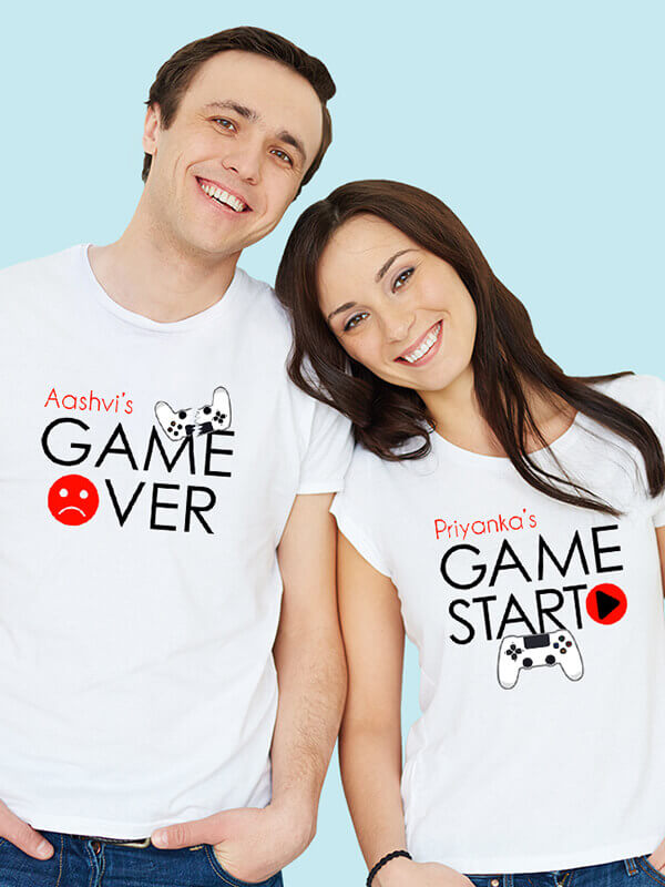 Custom Game Start Game Over Theme with Name On White Color Customized Couple T-Shirt