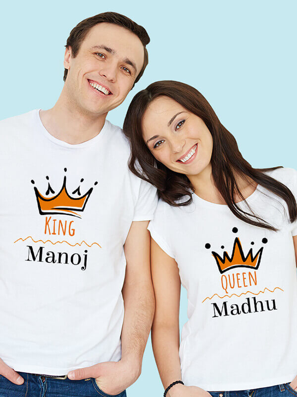 Custom Queen and King with Couple Name On White Color Customized Couple Tshirt