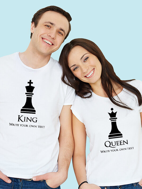 Custom King and Queen Chess Theme On White Color Couple T-shirts For Men & Women