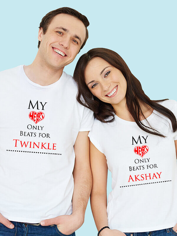 Custom My Heart Beat Theme On White Color Couple T-shirts For Men & Women