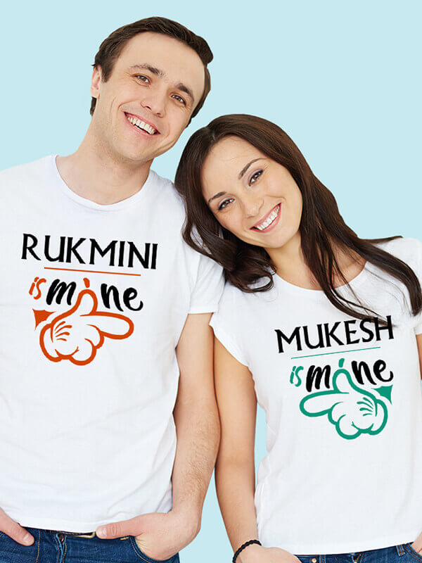 Custom He is Mine and She is Mine On White Color Customized Couple T-Shirt