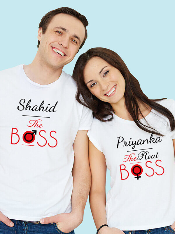 Custom The Boss and The Real Boss On White Color Couple T-shirts For Men & Women