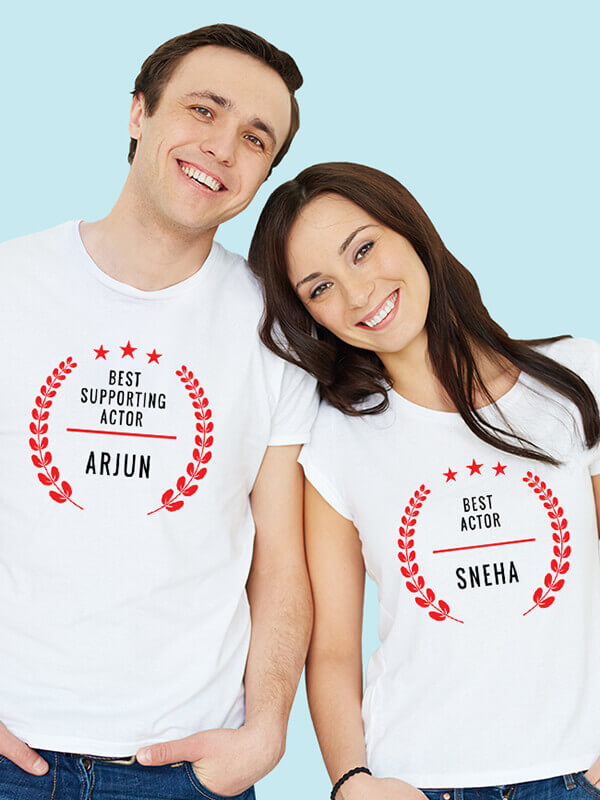 Custom Best Actor and Best Supporting Actor with Names On White Color Personalized Couple T-Shirt