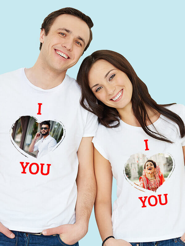 Custom I Love You with Your Image On White Color Couple T-shirts For Men & Women