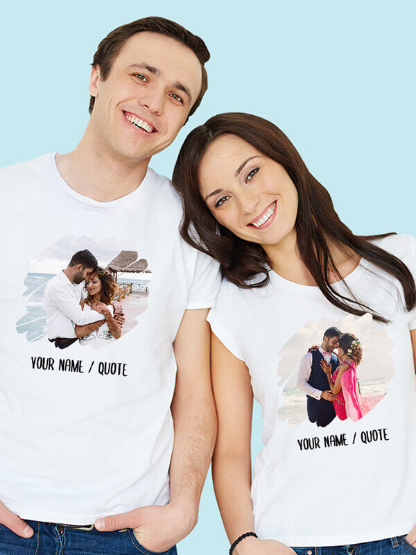Custom Your Photo with Text On White Color Customized Couple T-Shirt