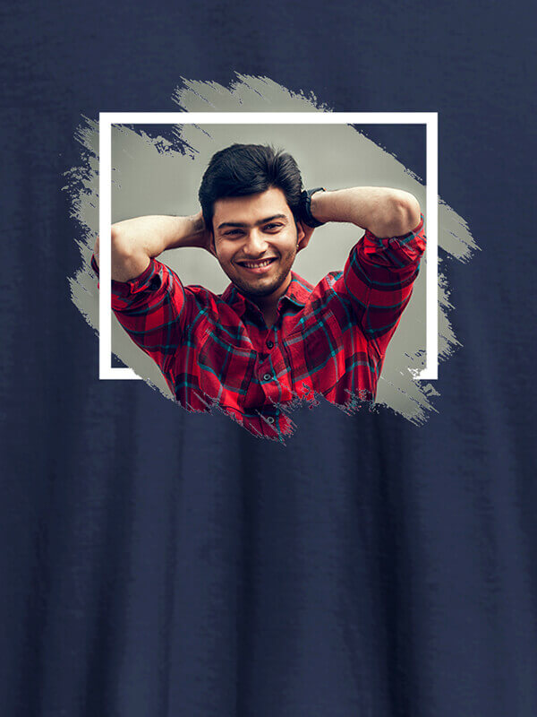 Custom Your Photo in Rectangle Grunge Shape On Navy Blue Color Men T Shirts with Name, Text, and Photo