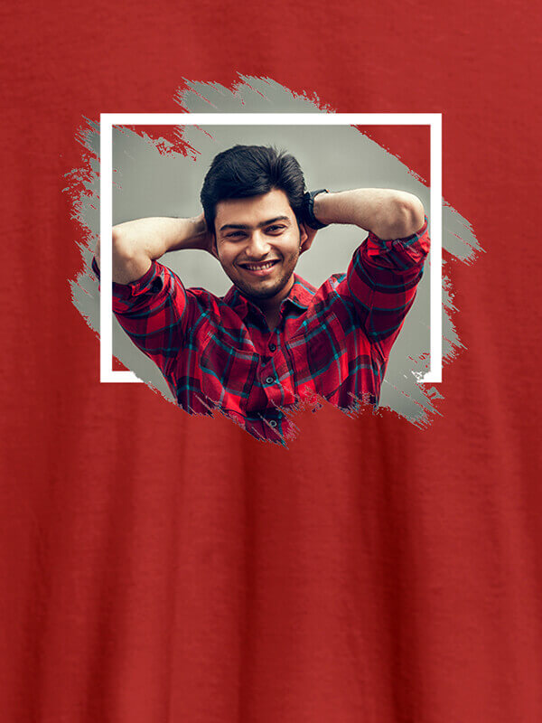 Custom Your Photo in Rectangle Grunge Shape On Red Color Men T Shirts with Name, Text, and Photo