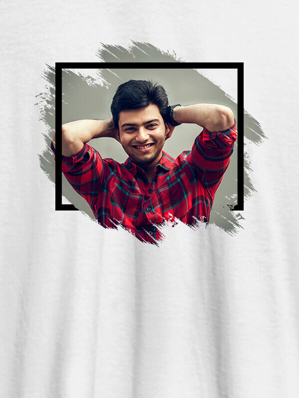 Custom Your Photo in Rectangle Grunge Shape On White Color Men T Shirts with Name, Text, and Photo