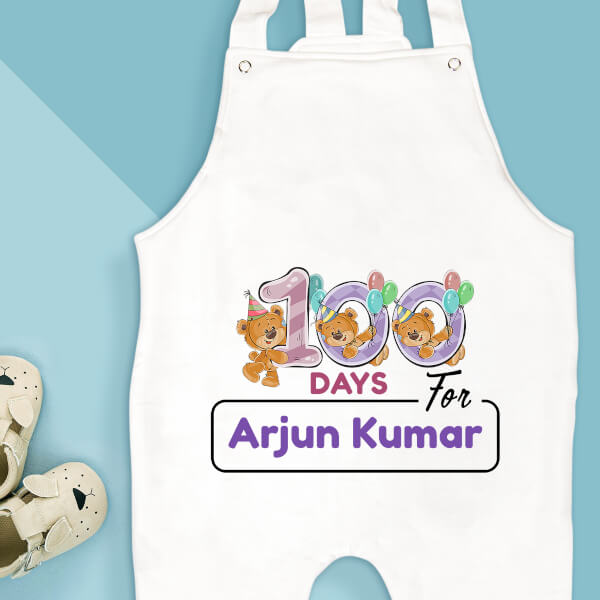 Custom 100 Days For The Baby Cute Teddy Bears Milestone Collection Dungaree Design