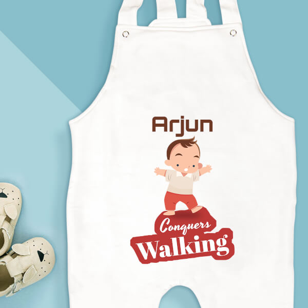Custom Baby Conquers Walking Milestone Collection Dungaree Design