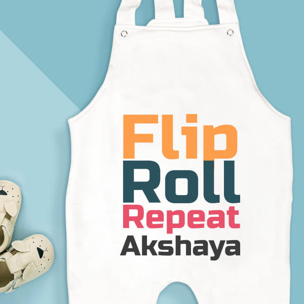 Custom Flip Roll Repeat Text Only Milestone Collection Dungaree Design