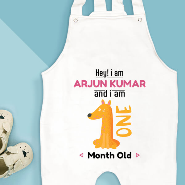 Custom Hey I Am 1 Month Old Baby Monthly Birthday Dungaree Design