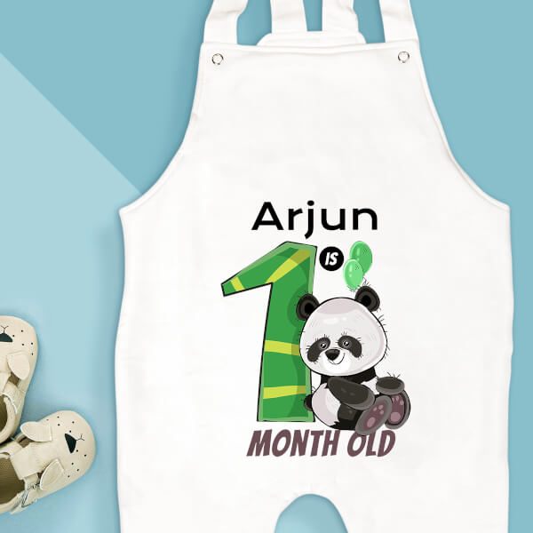 Custom Baby is 1 Month Old Cute Panda Monthly Birthday Dungaree Design