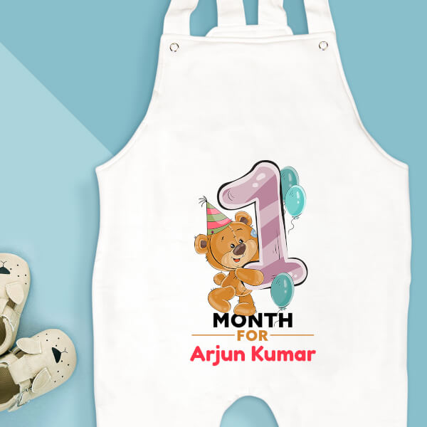 Custom 1 Month For The Baby Cute Teddy Bear Monthly Birthday Dungaree Design