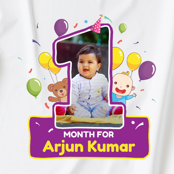Custom 1 Month For The Baby with Adorable Teddy Bear and Balloons Monthly Birthday Dungaree Design