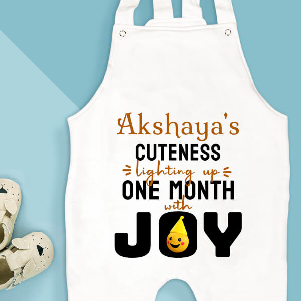 Custom Cuteness Lighting Up with Joy and 1 Month For The Kid Monthly Birthday Dungaree Design