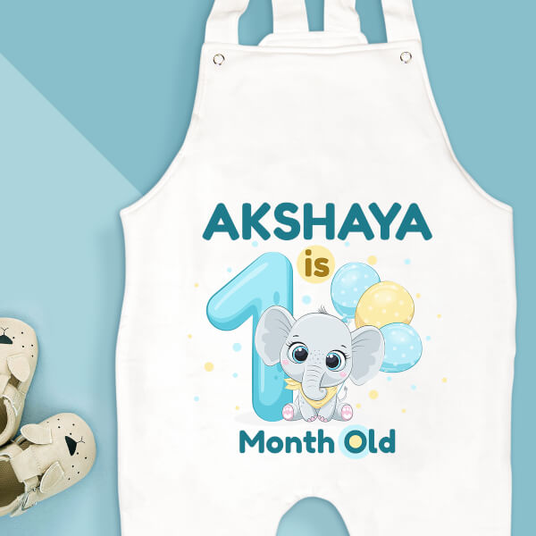 Custom Baby is 1 Month Old Cute Baby Elephant Monthly Birthday Dungaree Design