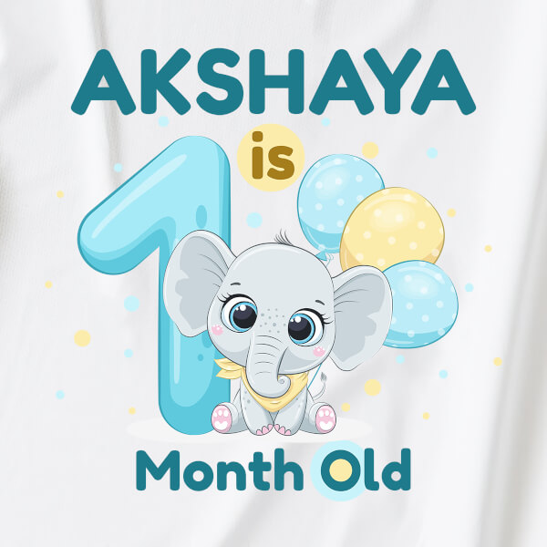 Custom Baby is 1 Month Old Cute Baby Elephant Monthly Birthday Dungaree Design