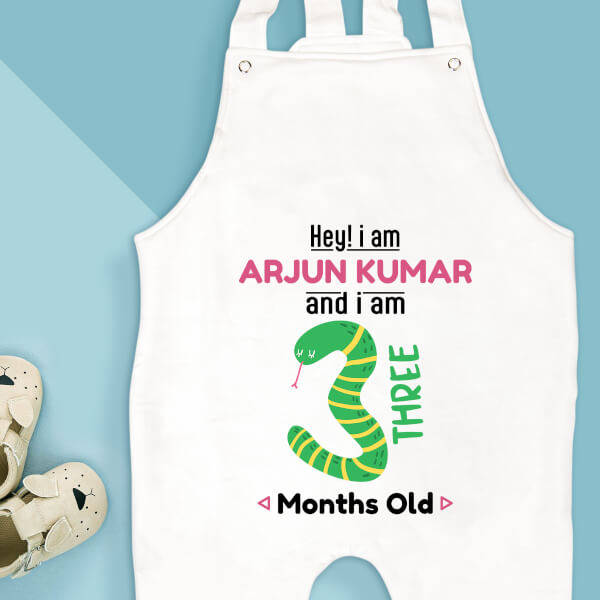 Custom Hey I Am 3 Months Old Baby Monthly Birthday Dungaree Design