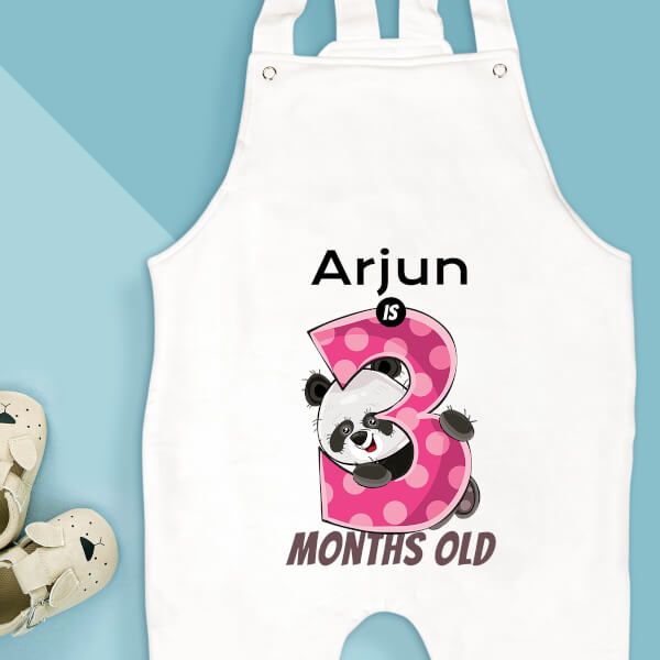 Custom Baby is 3 Months Old Cute Panda Monthly Birthday Dungaree Design