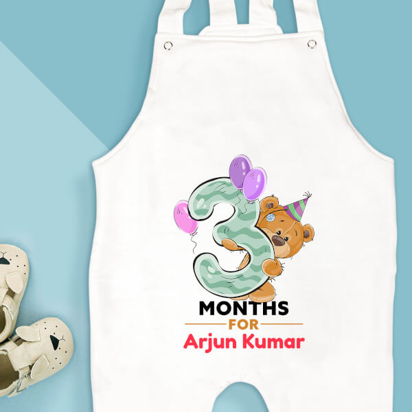 Custom 3 Months For The Baby Cute Teddy Bear Monthly Birthday Dungaree Design