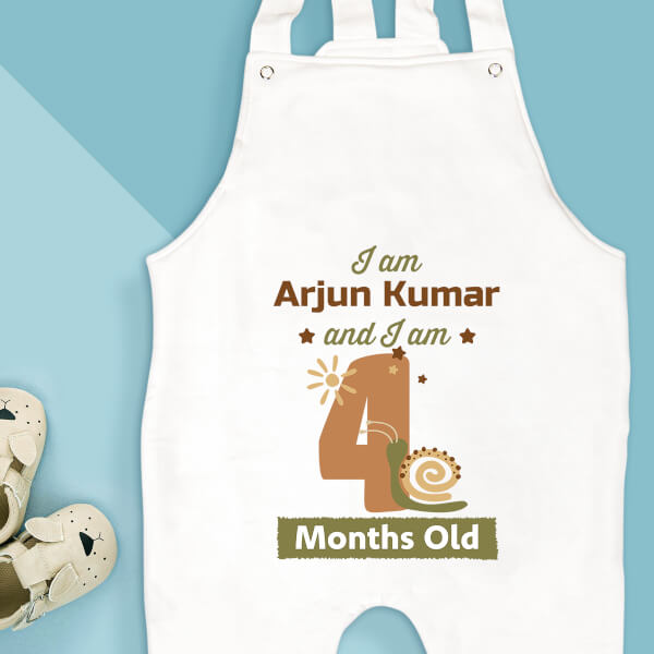 Custom I Am 4 Months Old Baby Monthly Birthday Dungaree Design