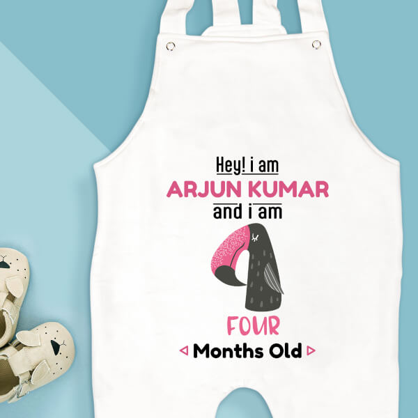 Custom Hey I Am 4 Months Old Baby Monthly Birthday Dungaree Design