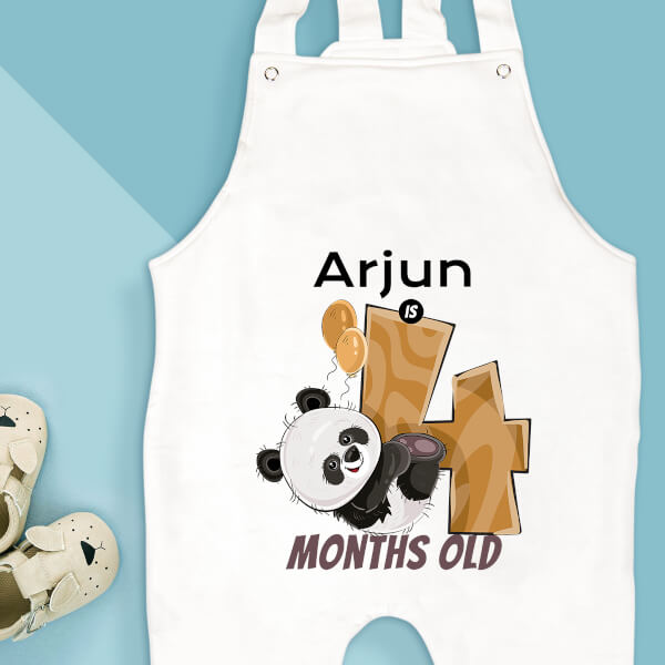 Custom Baby is 4 Months Old Cute Panda Monthly Birthday Dungaree Design