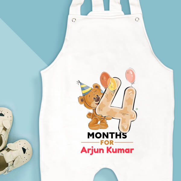 Custom 4 Months For The Baby Cute Teddy Bear Monthly Birthday Dungaree Design