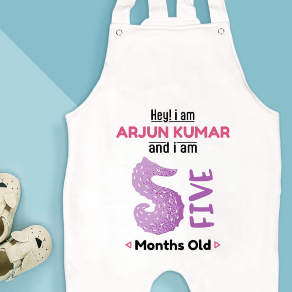Custom Hey I Am 5 Months Old Baby Monthly Birthday Dungaree Design