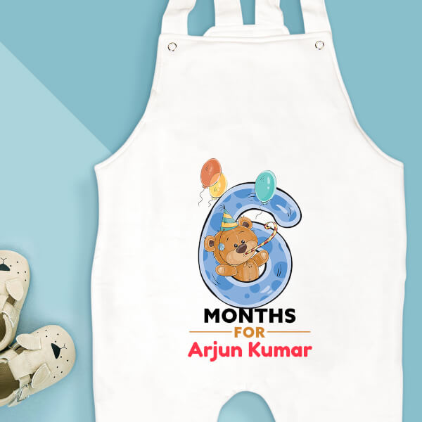 Custom 6 Months For The Baby Cute Teddy Bear Monthly Birthday Dungaree Design