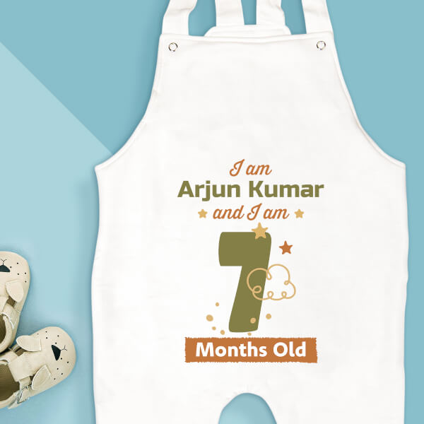 Custom I Am 7 Months Old Baby Monthly Birthday Dungaree Design