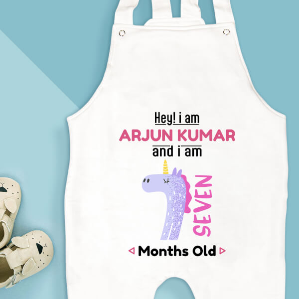 Custom Hey I Am 7 Months Old Baby Monthly Birthday Dungaree Design